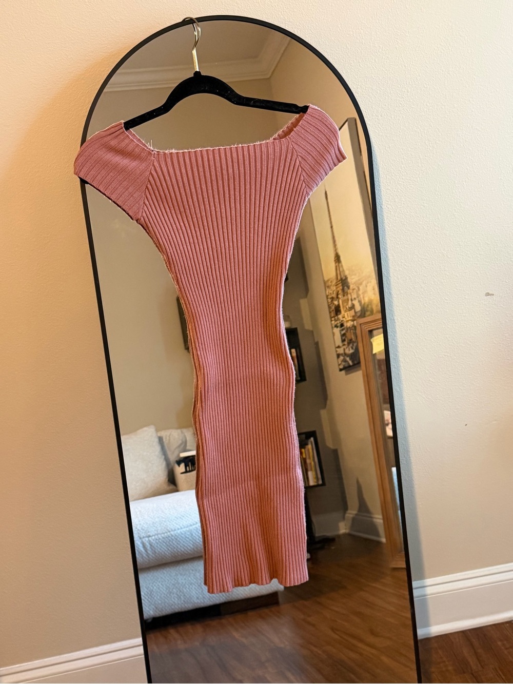 Ribbed Off-Shoulder Pink Bodycon Dress